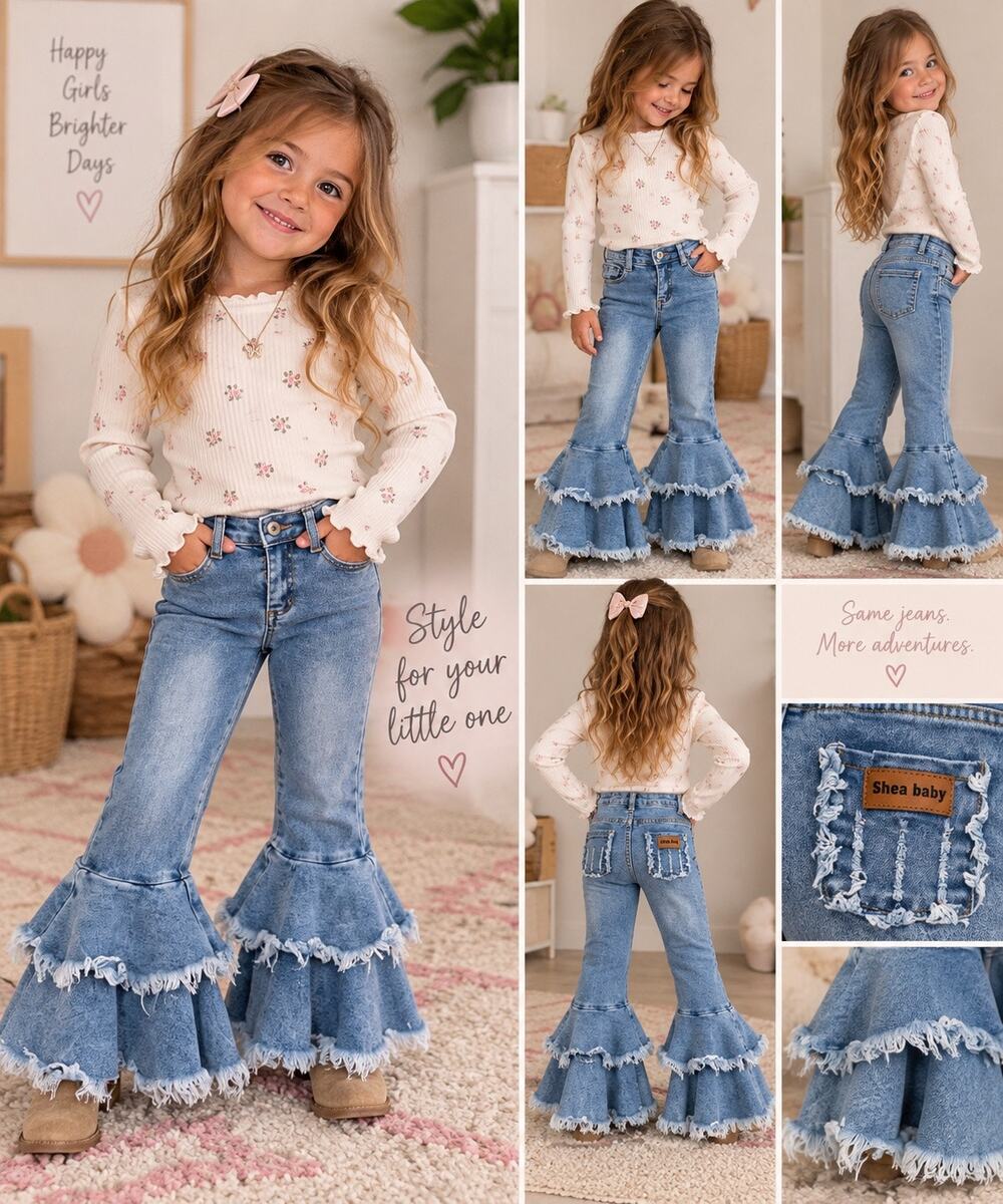 Shea Baby Girls 5T Double Ruffle Bell Bottom Jeans Distressed Denim Boho Western